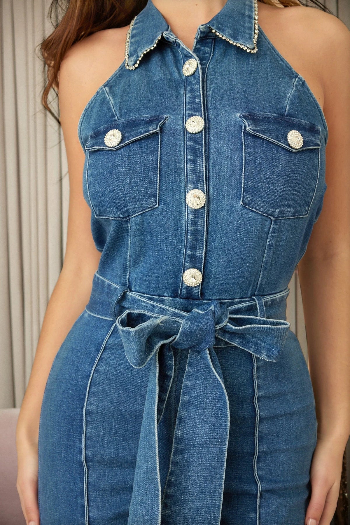 Crystal Collar Halter Denim Jumpsuit - Blue