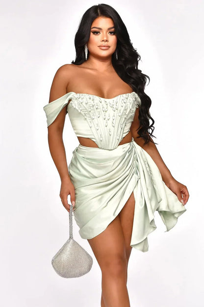 Crystal Droplet Mint Green Corset Skirt Set
