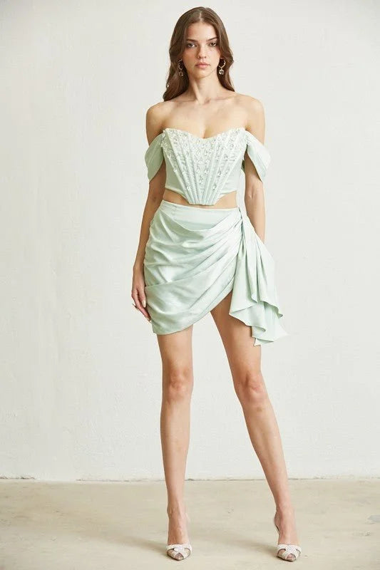 Crystal Droplet Mint Green Corset Skirt Set