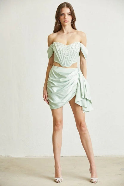 Crystal Droplet Mint Green Corset Skirt Set