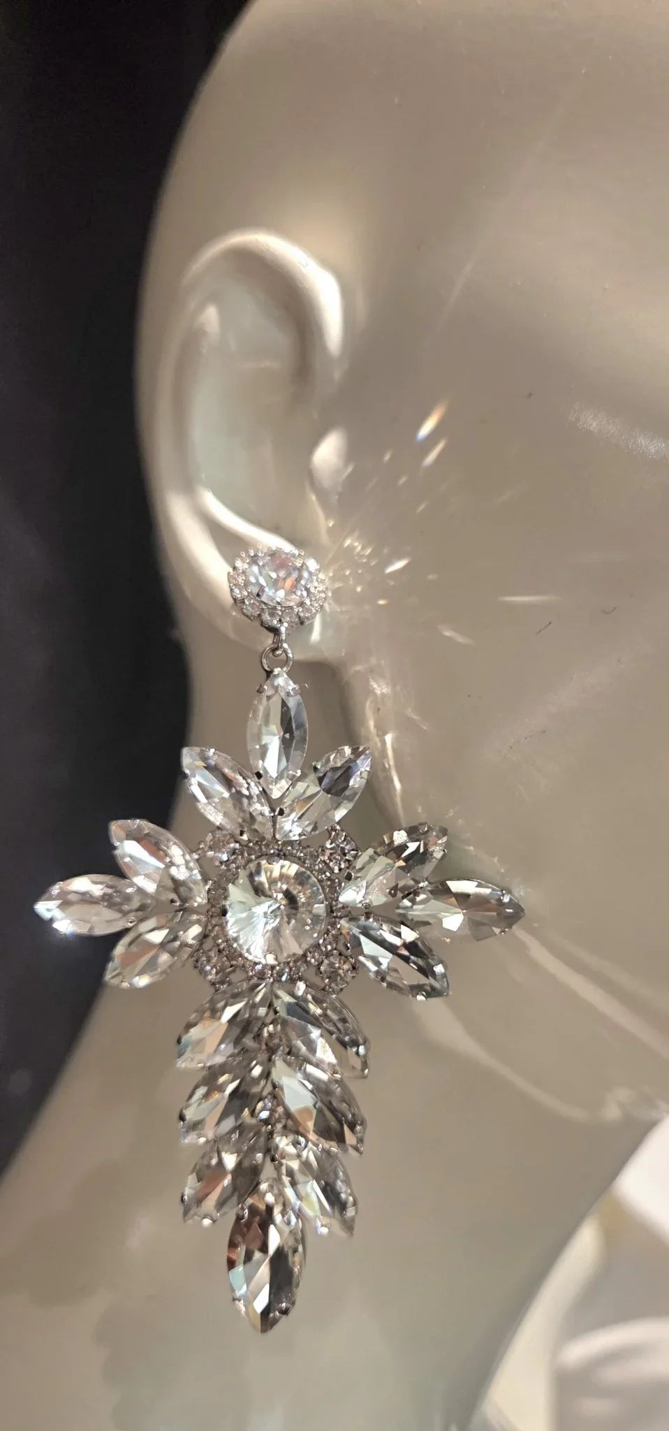 Crystal Flower Drop Earrings-Silver