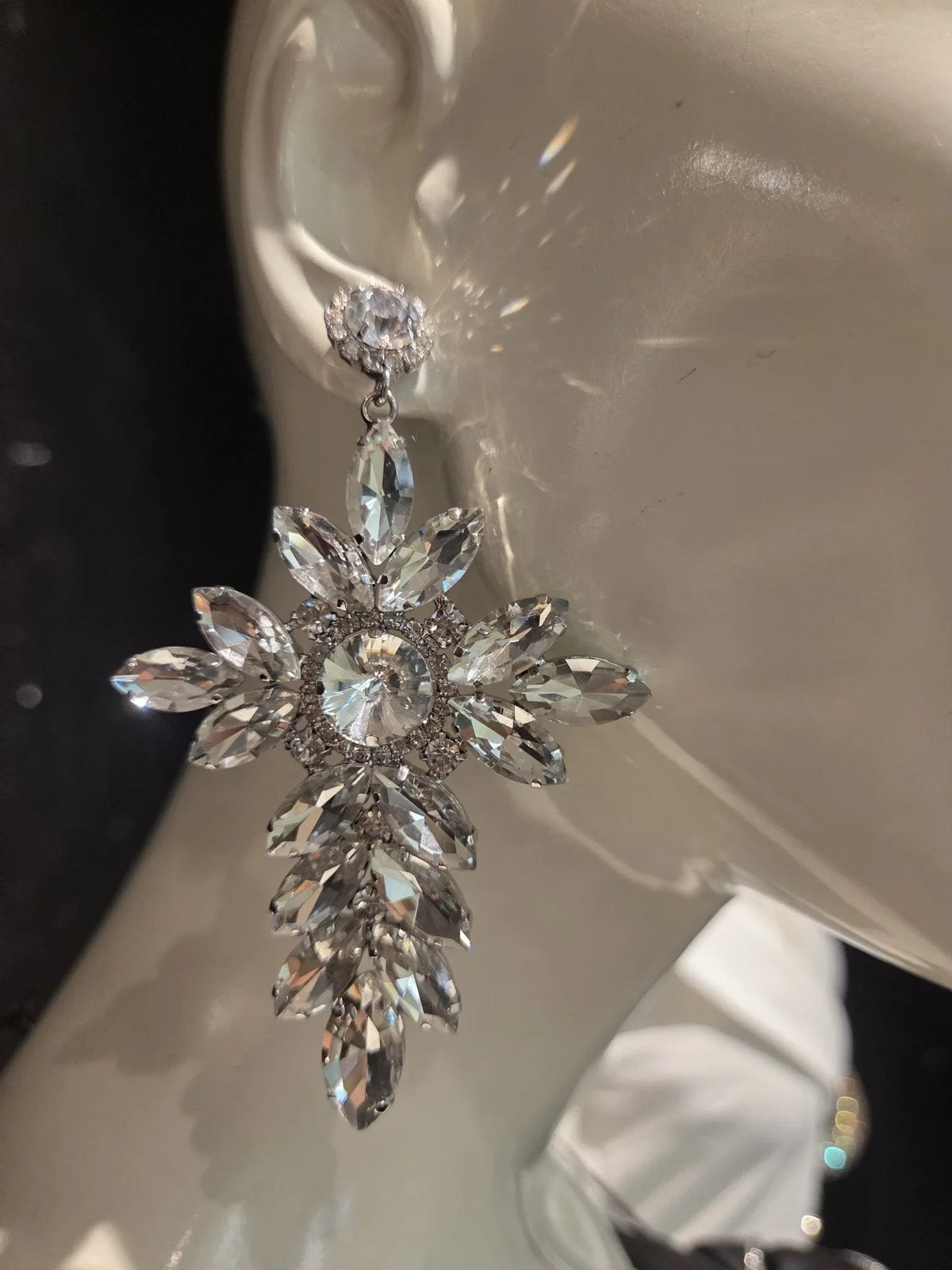 Crystal Flower Drop Earrings-Silver