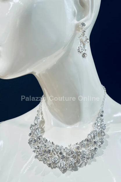 Crystal Flowers Necklace Set (Silver)