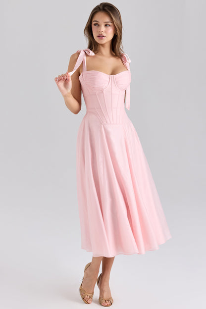 pink chiffon tie strap midi dress