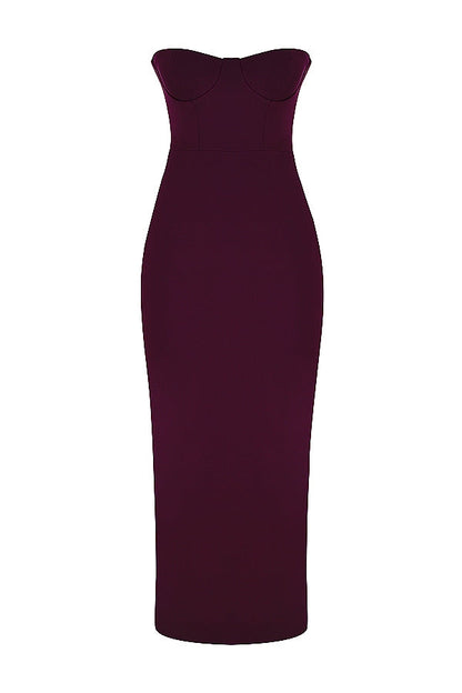 grape strapless corset maxi dress