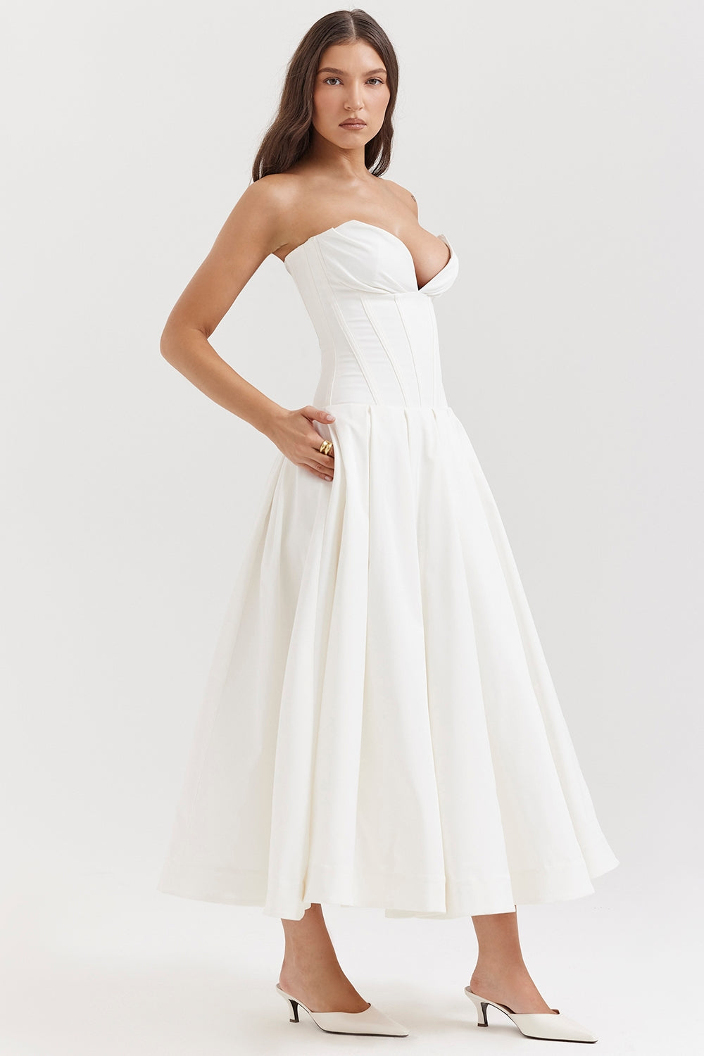 white strapless midi dress