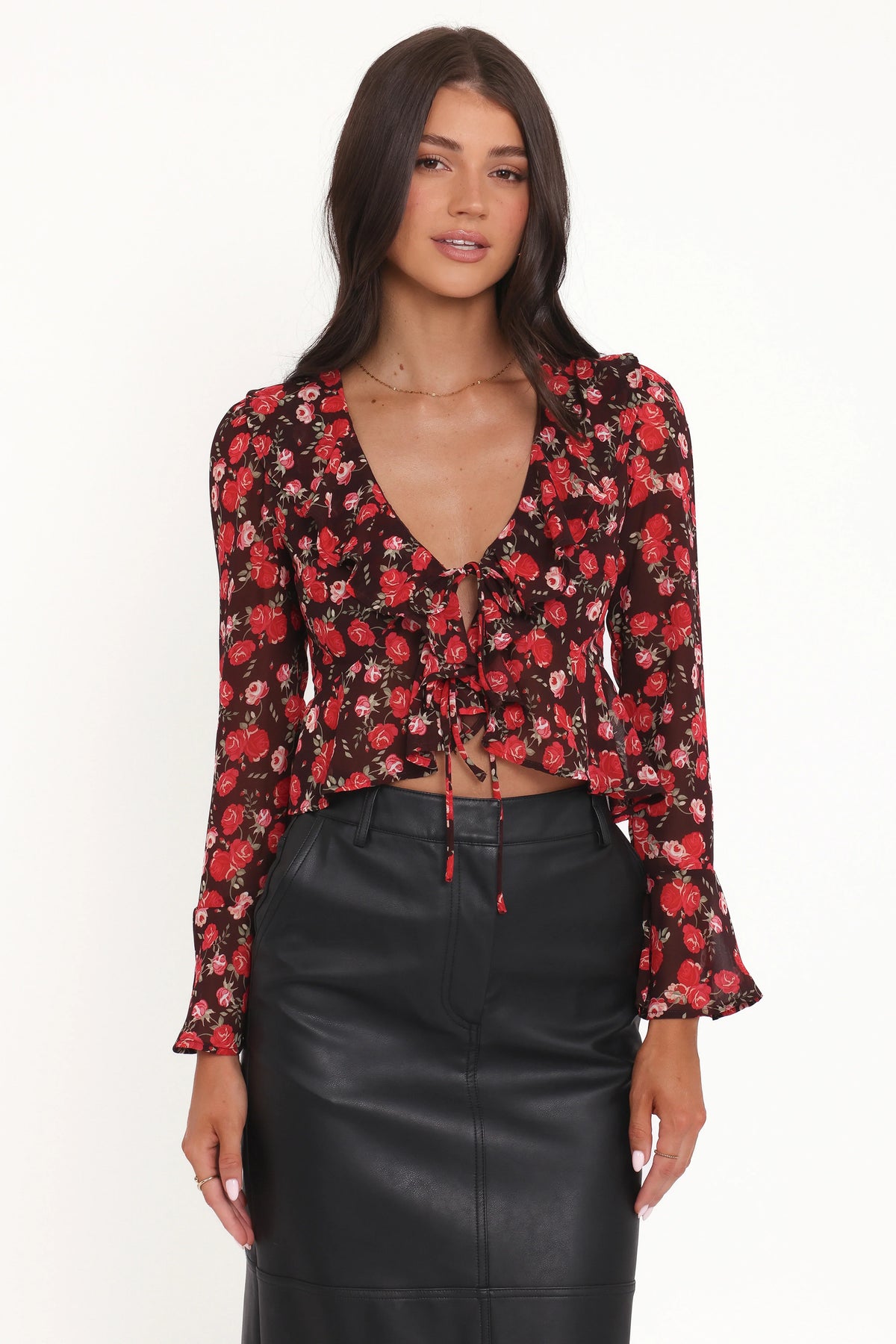 Aveline Chiffon Ruffle Front Top - Brown Floral