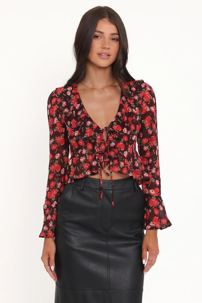 Aveline Chiffon Ruffle Front Top - Brown Floral