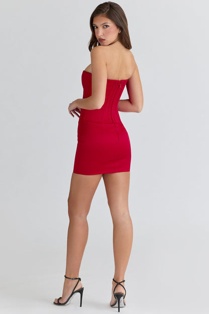 red satin strapless hourglass mini dress