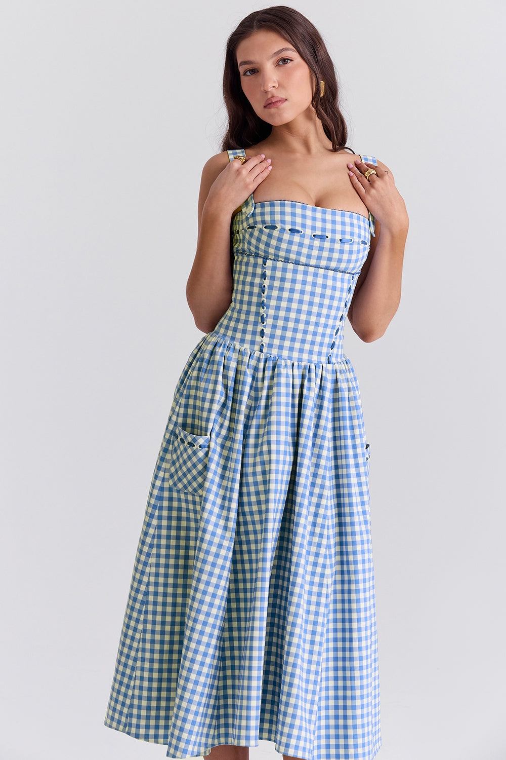 regatta blue gingham midi sundress