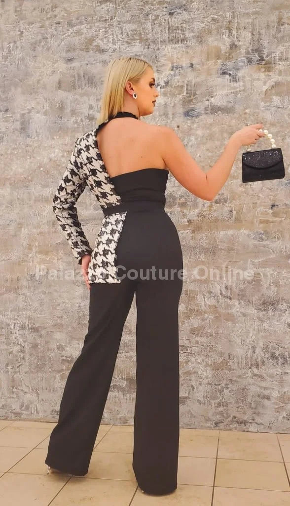 Dale Black & White Houndstooth Sequin Jumpsuit – Single Shoulder