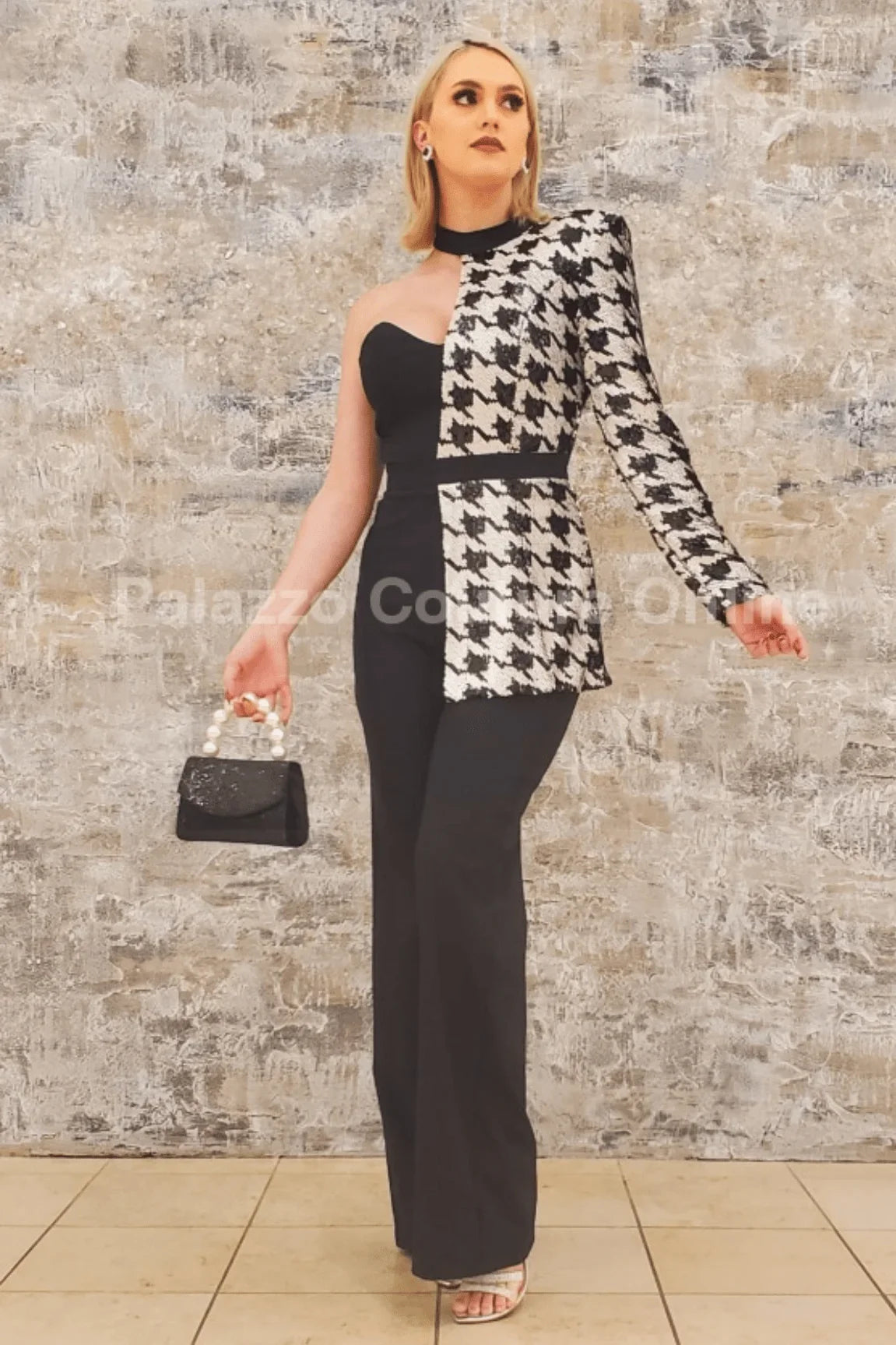 Dale Black & White Houndstooth Sequin Jumpsuit – Single Shoulder