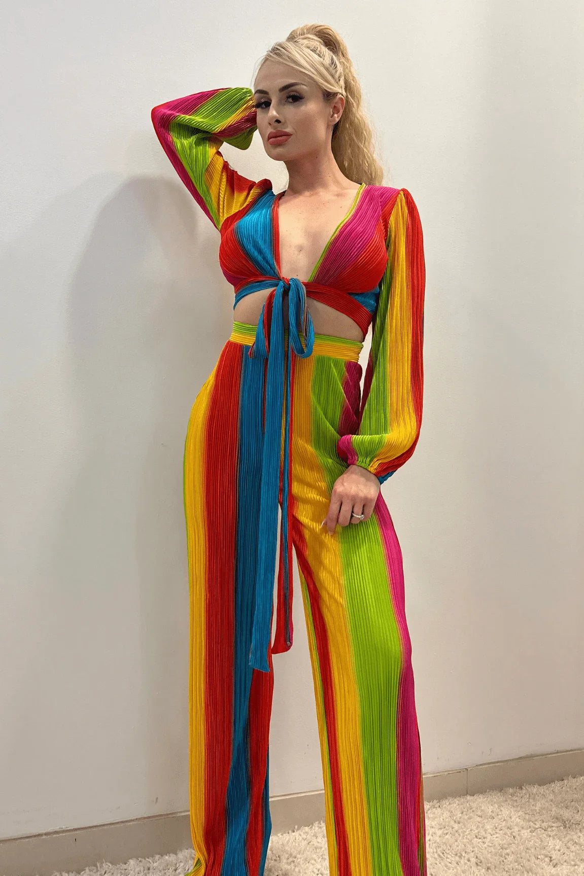 Dance Under The Sun Rainbow Pant Set – Pleated Two-Piece