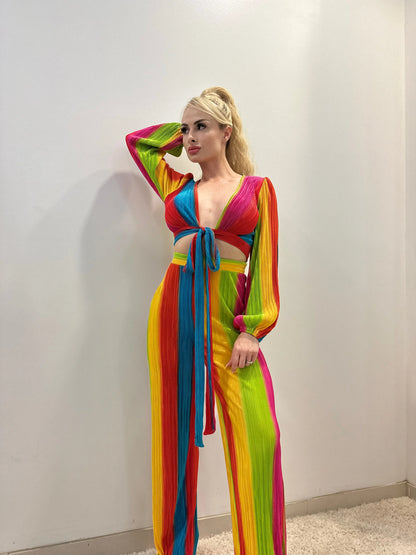 Dance Under The Sun Rainbow Pant Set – Pleated Two-Piece
