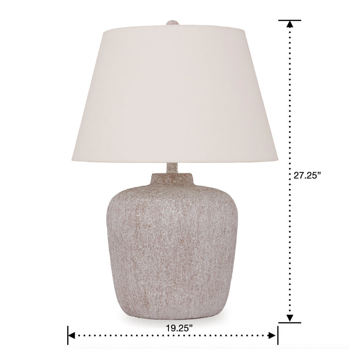 Detail image of Danry Distressed Cream Table Lamp with overlay of product dimensions