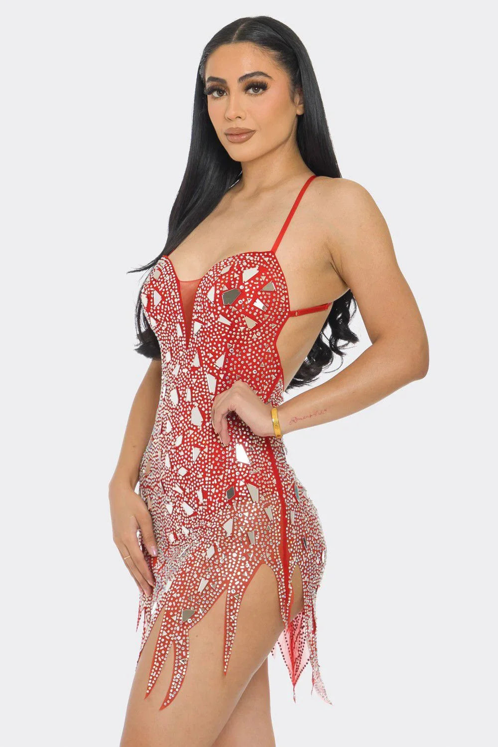 Dazzling Glam Rhinestone Red Mini Dress