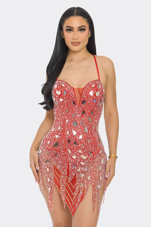 Dazzling Glam Rhinestone Red Mini Dress