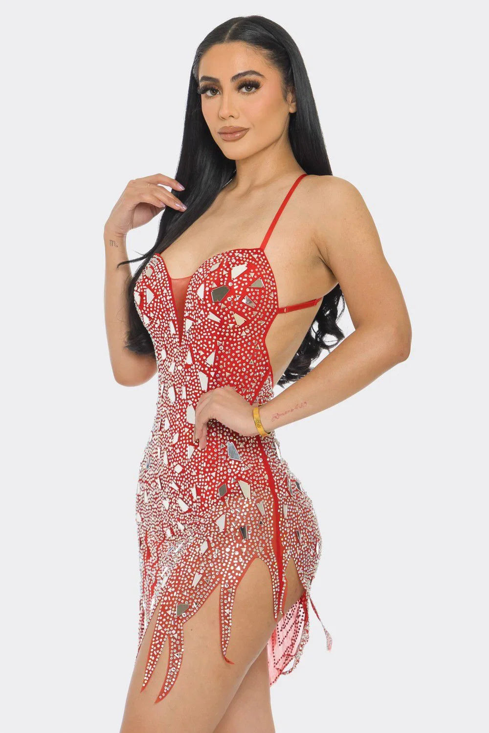 Dazzling Glam Rhinestone Red Mini Dress