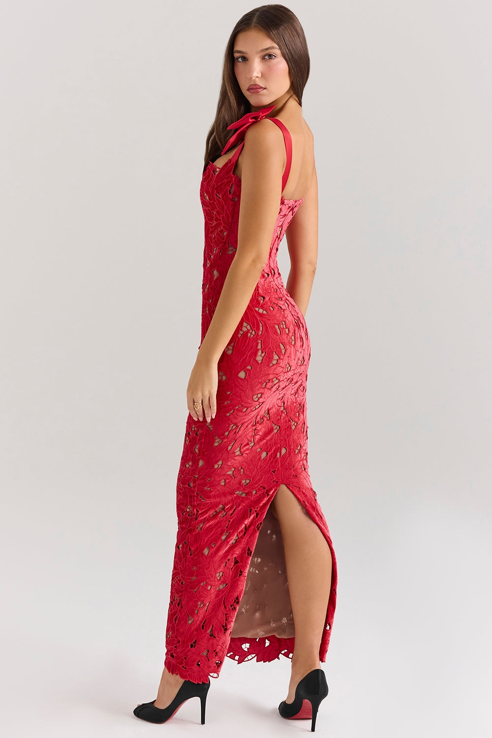 holly red velvet lace maxi dress