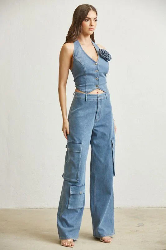 Denim Blossom Pant Set