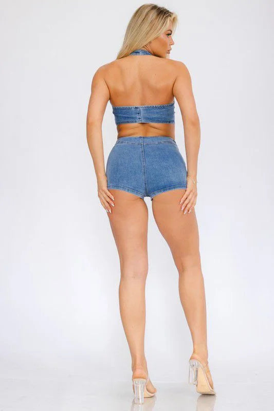 Denim Chic Halter Top and Shorts Set