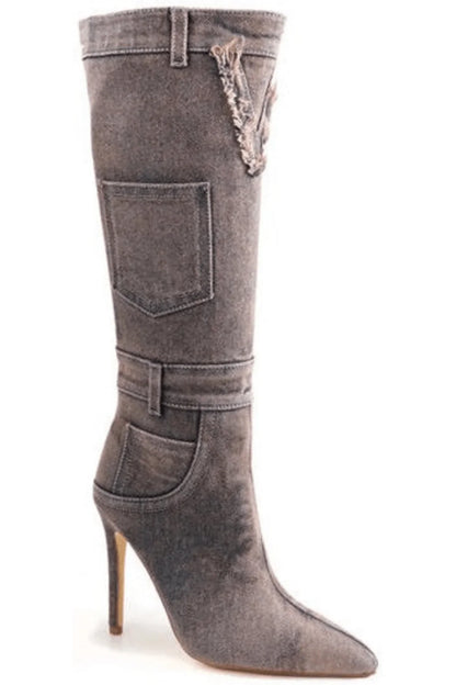 Denim Scandalous Knee-High Heel Boots (Camel)