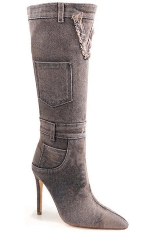 Denim Scandalous Knee-High Heel Boots (Camel)