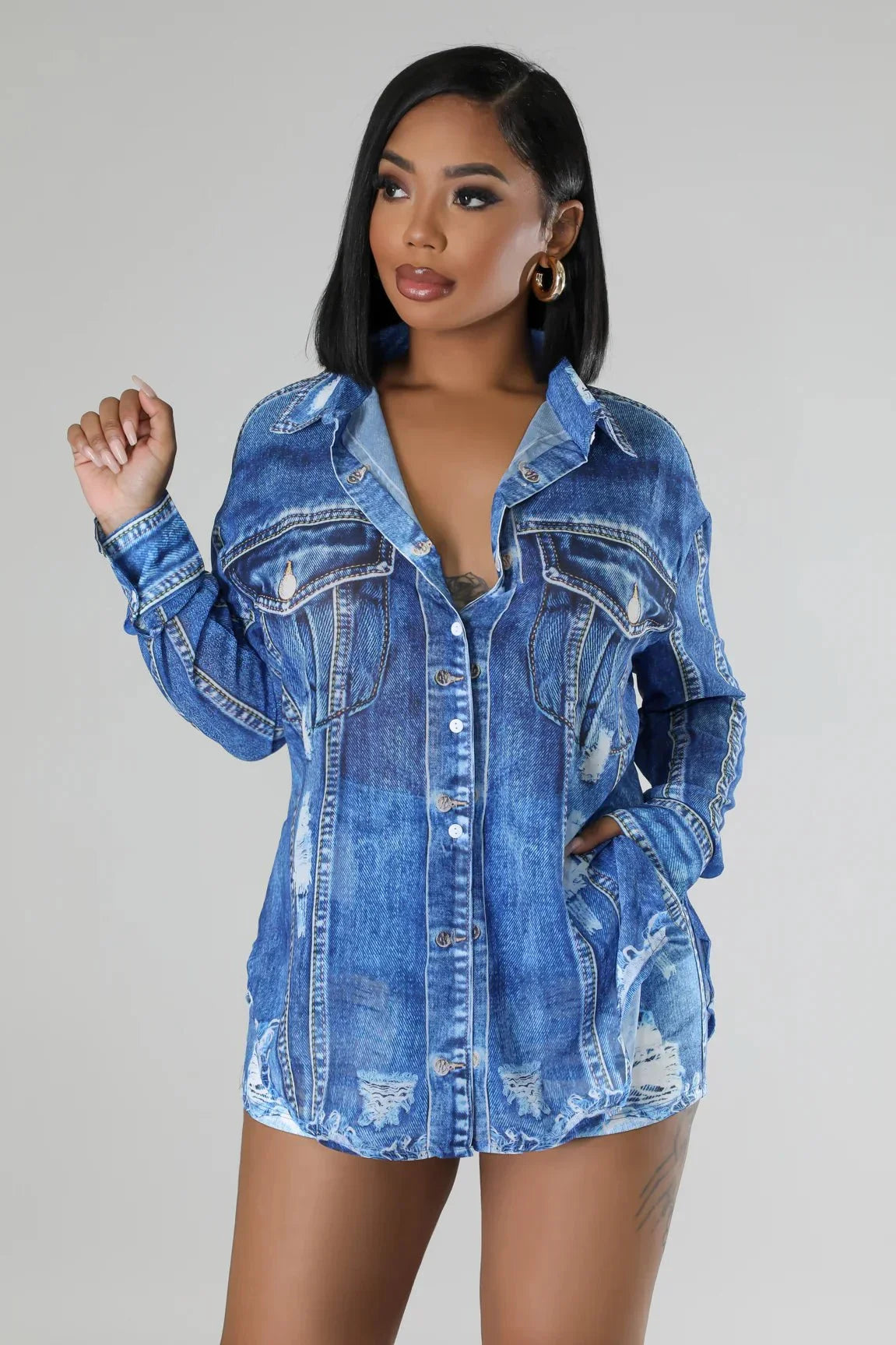 Denim Short Set with Long Sleeve Button-Up