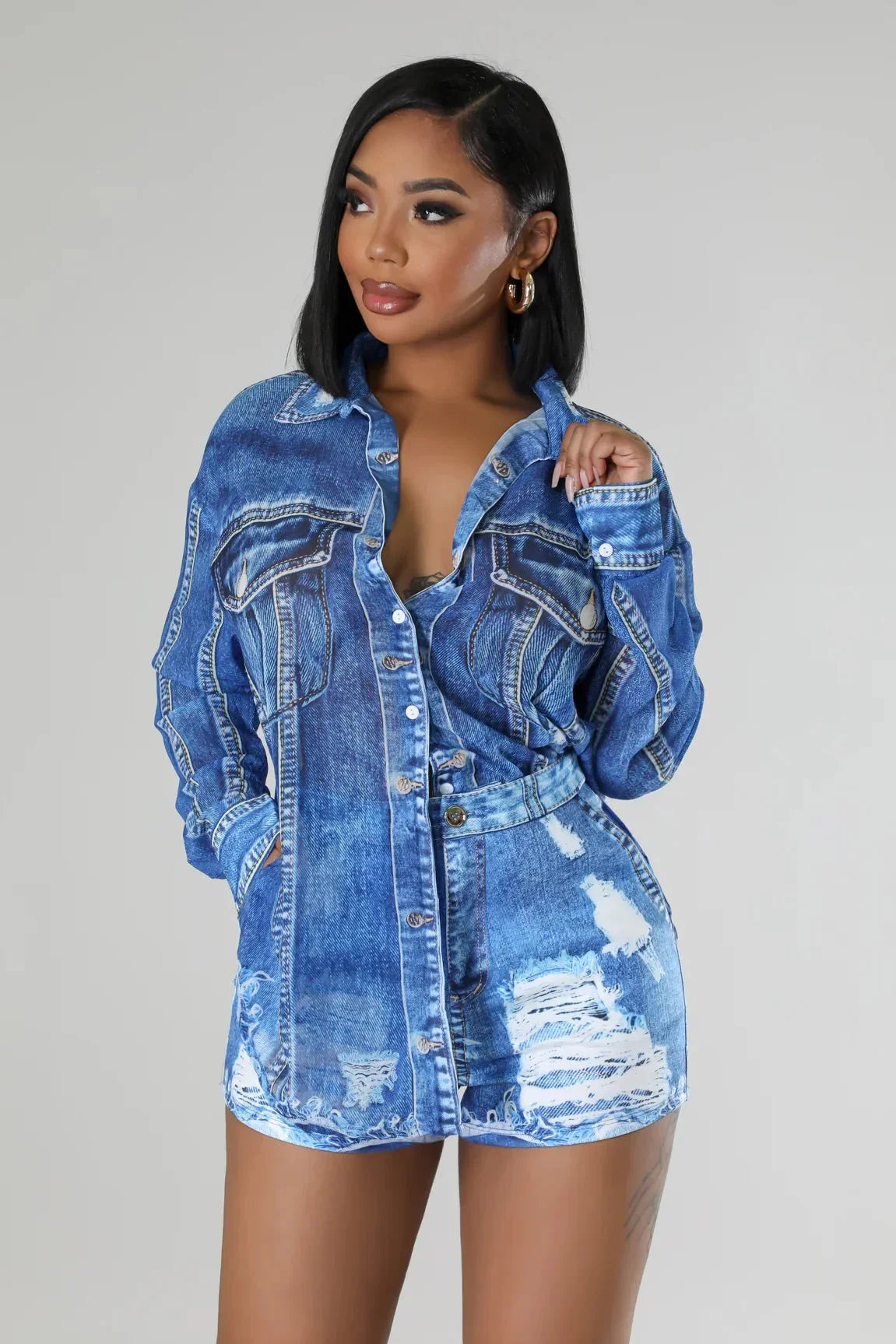 Denim Short Set with Long Sleeve Button-Up