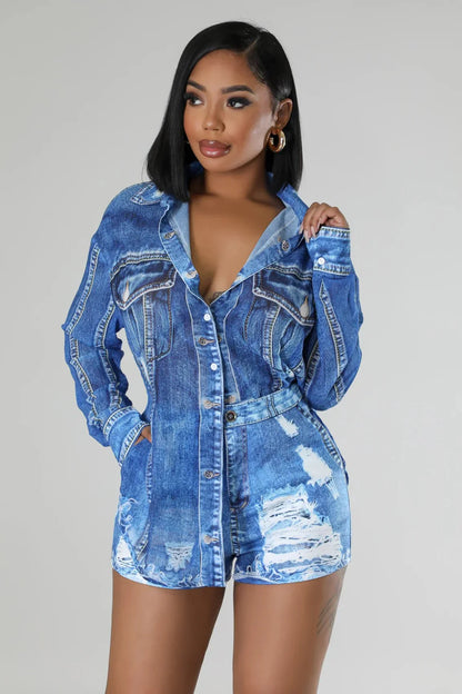 Denim Short Set with Long Sleeve Button-Up