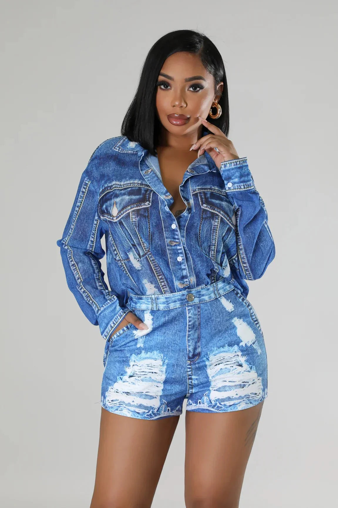 Denim Short Set with Long Sleeve Button-Up