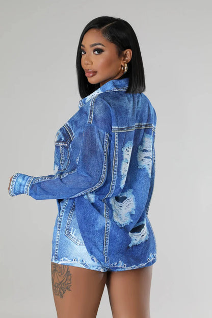 Denim Short Set with Long Sleeve Button-Up