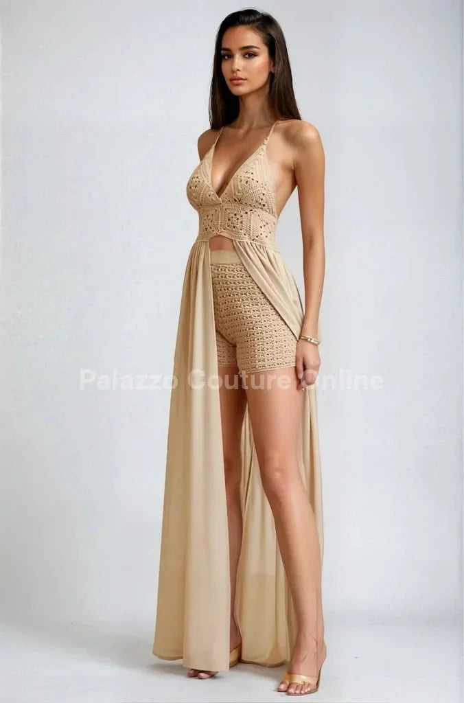 Desert Bloom Crochet Chiffon Shorts Set – Peanut