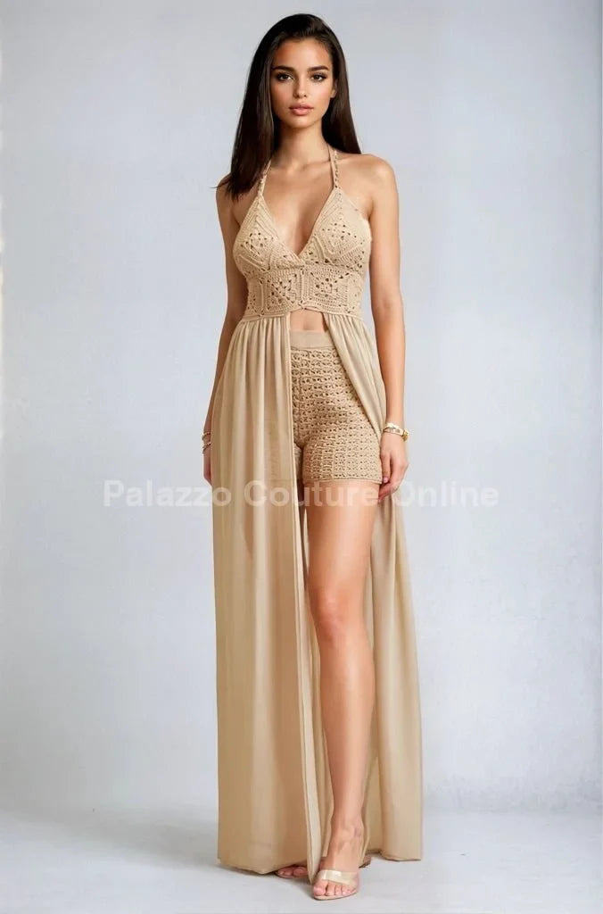 Desert Bloom Crochet Chiffon Shorts Set – Peanut