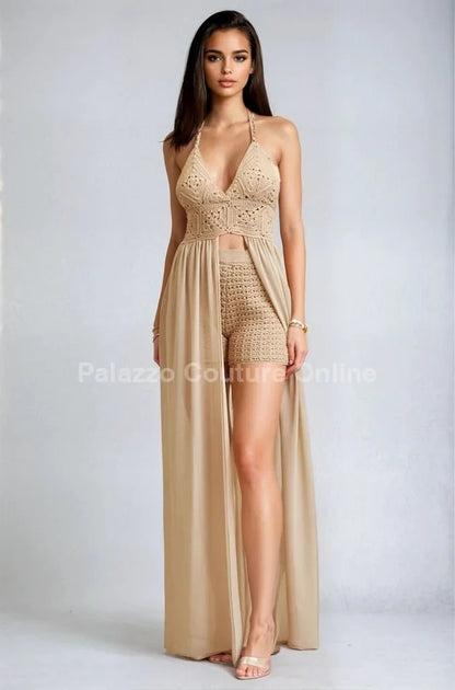Desert Bloom Crochet Chiffon Shorts Set – Peanut