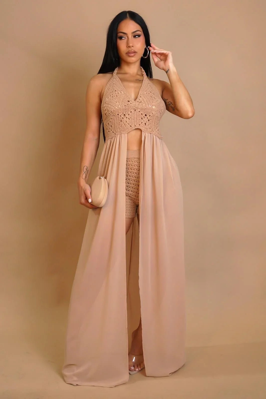 Desert Bloom Crochet Chiffon Shorts Set – Peanut