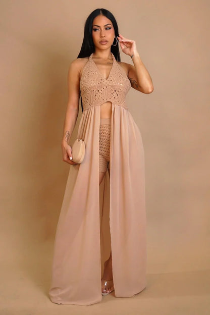 Desert Bloom Crochet Chiffon Shorts Set – Peanut