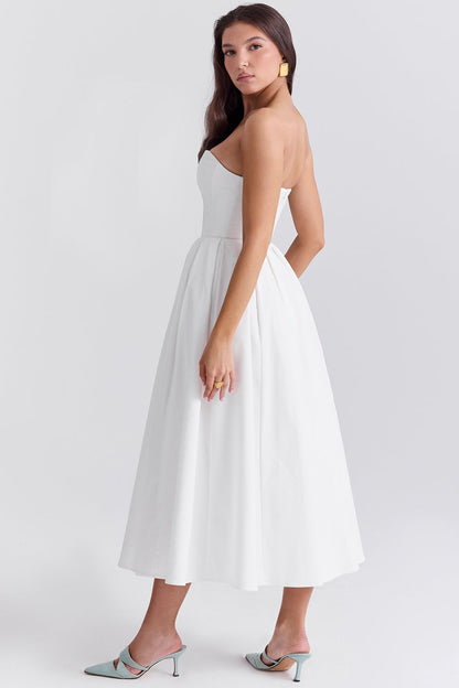 white strapless midi sundress