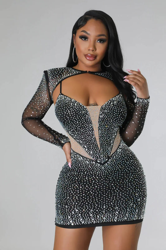 Diamond Kween Rhinestone Dress – Sheer Mesh Glam Mini