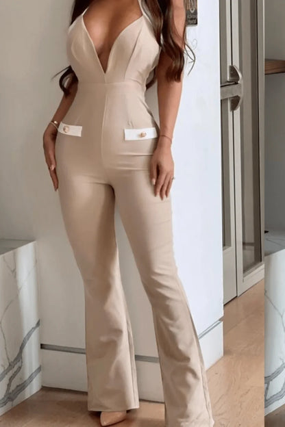 Dinner Date Beige Jumpsuit with Deep V Neckline and Flared Leg