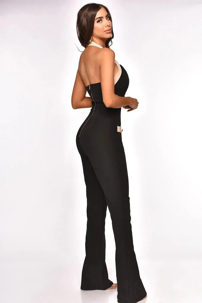 Dinner Date Black Jumpsuit with Deep V-Neck Design