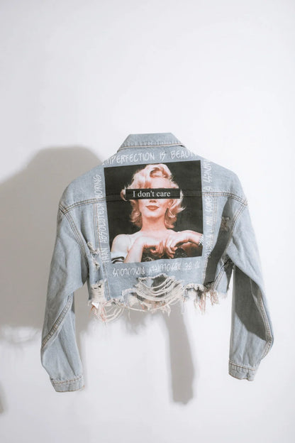 I Don’t Care Denim Jacket - Light Wash Graffiti