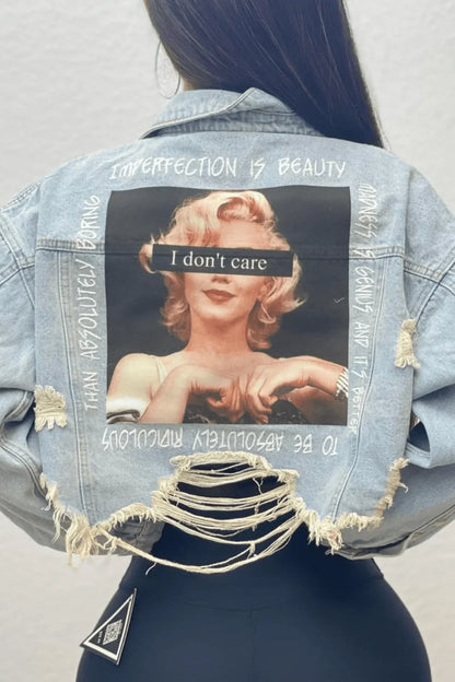I Don’t Care Denim Jacket - Light Wash Graffiti