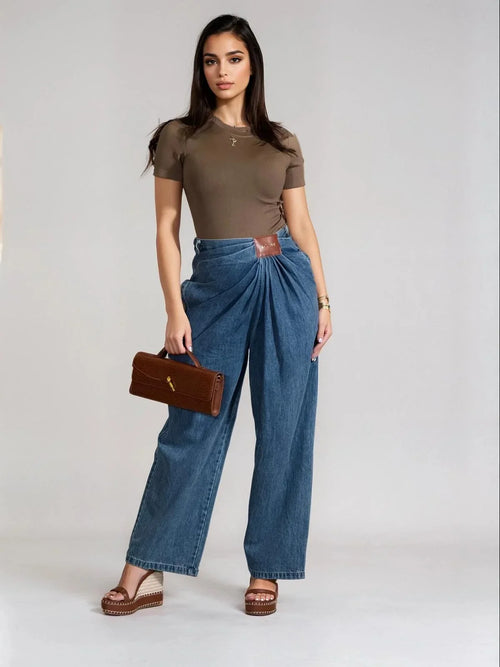 Draped Denim Wrap Trousers - Blue