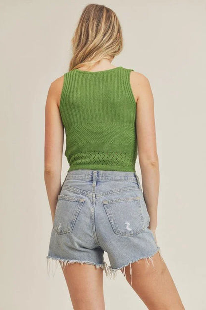 Drawstring Knit Tank Top - Basil