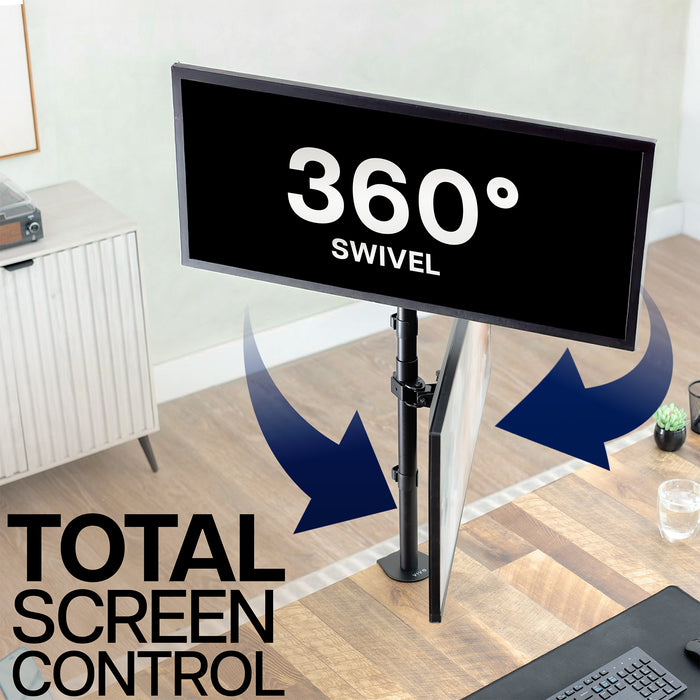 Monitor on a stand with '360° Swivel' text and arrows indicating movement, in a home office setting.