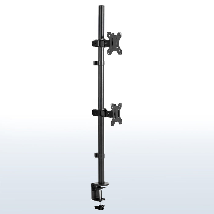 Dual Ultrawide Vertical Monitor Desk Mount elevates 2 large screens in a vertically stacked array to save desk space and create comfortable viewing angles.