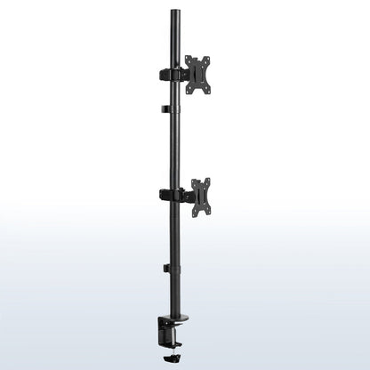 Dual Ultrawide Vertical Monitor Desk Mount elevates 2 large screens in a vertically stacked array to save desk space and create comfortable viewing angles.
