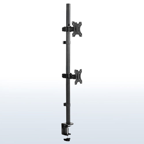 Dual Ultrawide Vertical Monitor Desk Mount elevates 2 large screens in a vertically stacked array to save desk space and create comfortable viewing angles.