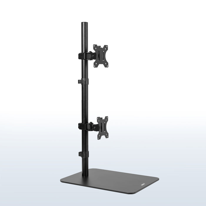 Dual Ultrawide Vertical Monitor Desk Stand elevates 2 large monitors in a vertically stacked array for comfortable viewing angles and efficient use of desk space. The freestanding base provides excellent support with no need to drill or clamp into your desktop.